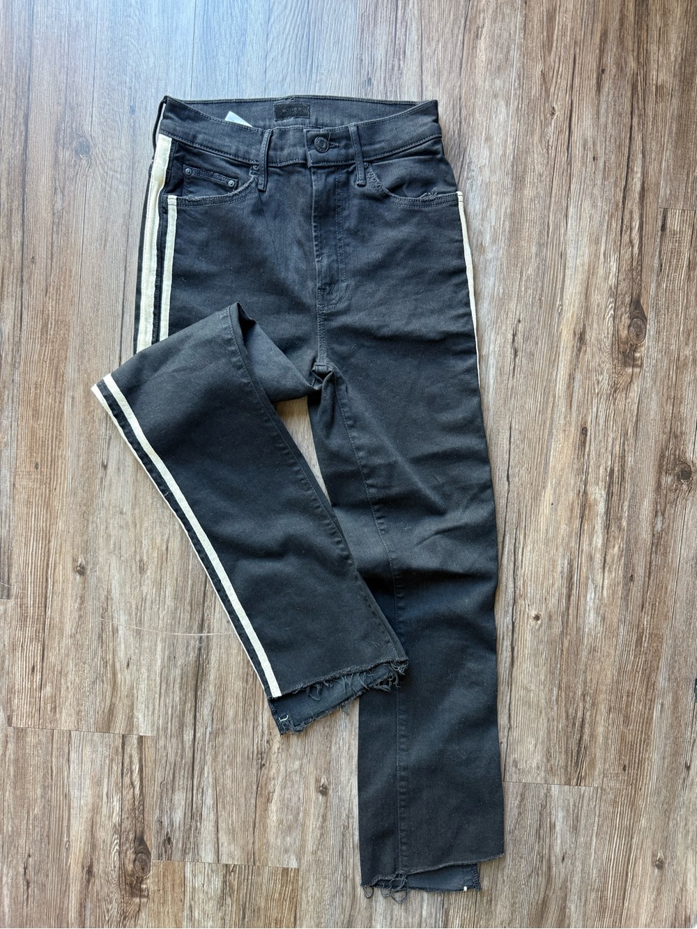 MOTHER Black Side Stripe Raw Hem Jeans Size 25